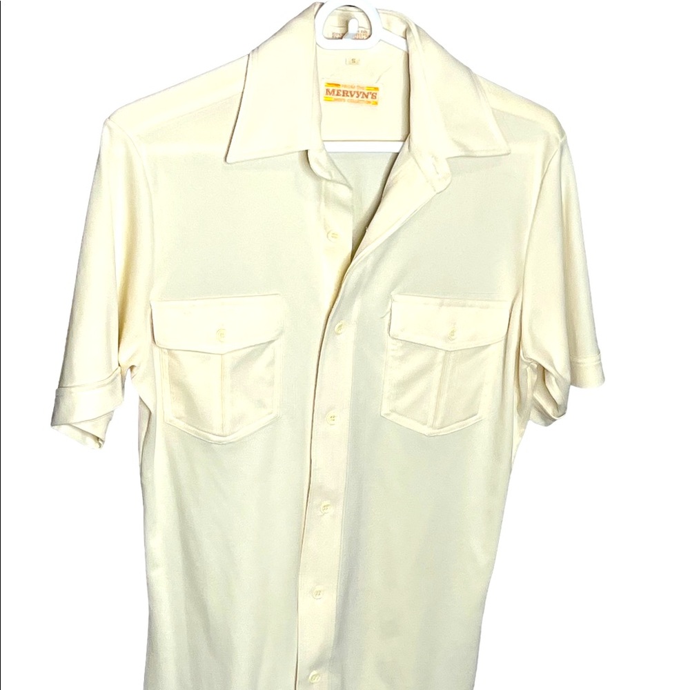 Vintage 70s 1970s Mervyns Pleated Pockets Poly Shirt Made in Korea 1970's 70's